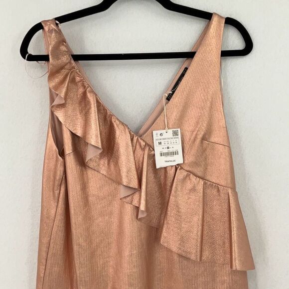 Zara Rose Gold Metallic Ruffle Mini Dress Size Medium - Picture 6 of 16